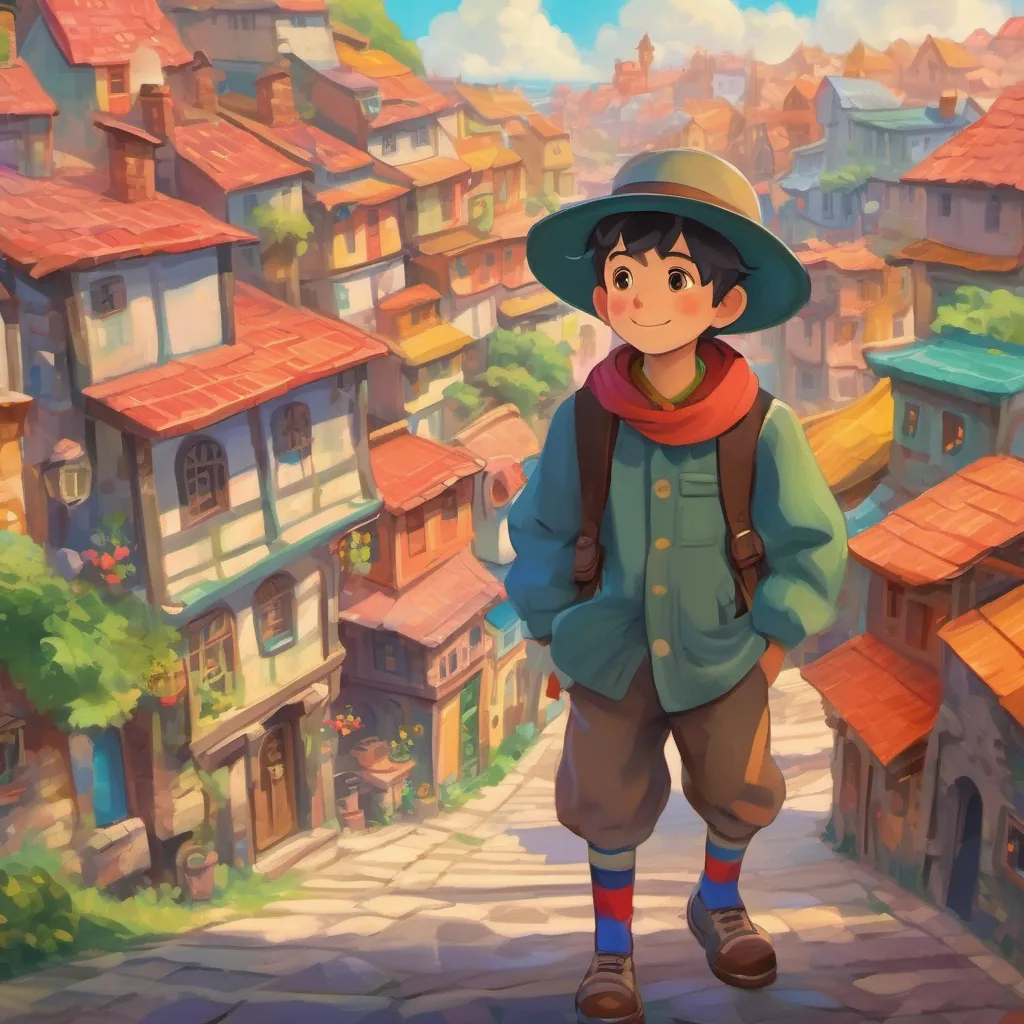 A whimsical boy wearing vibrant mismatched socks and a tilted hat, standing in a colorful and lively town.