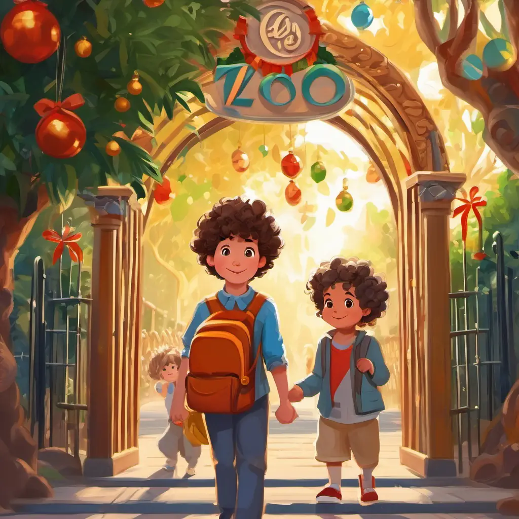 The little boy with curly hair and his family at the zoo entrance.