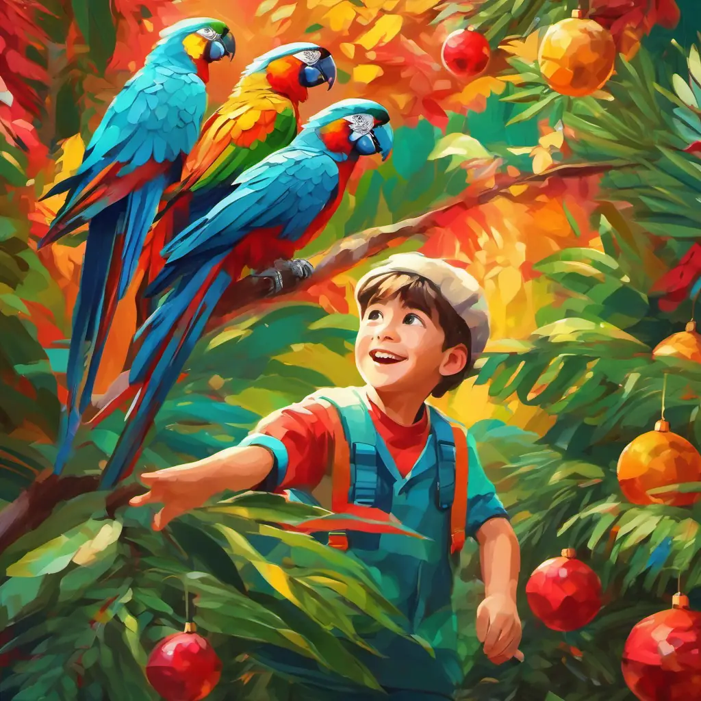 The boy points at the parrots; colorful trees in the background.