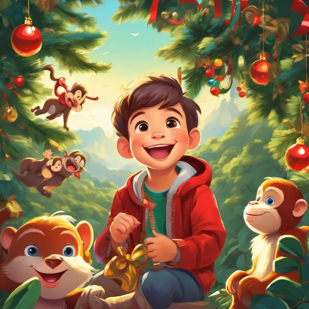 The boy giggling at the playful monkeys; trees and branches around them.