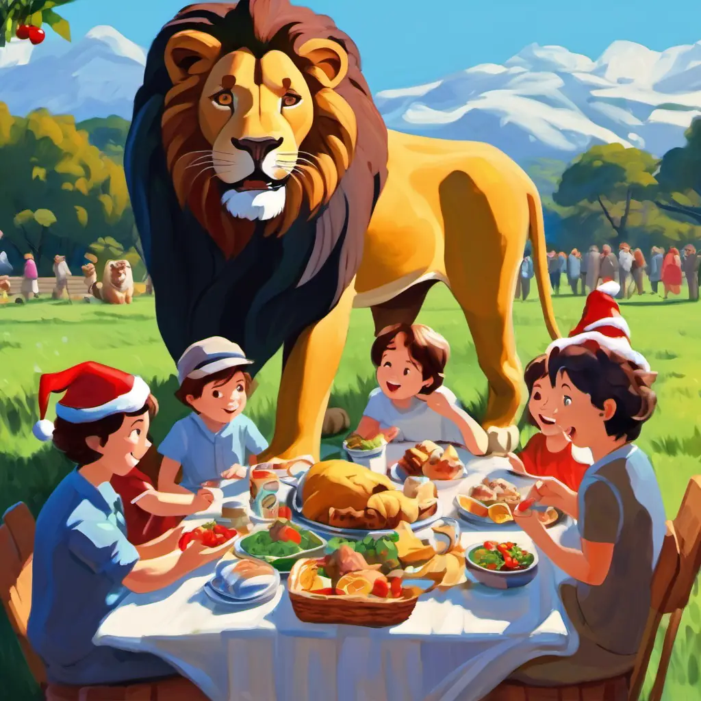 The family picnicking near the lion's enclosure; lion munching in the background.