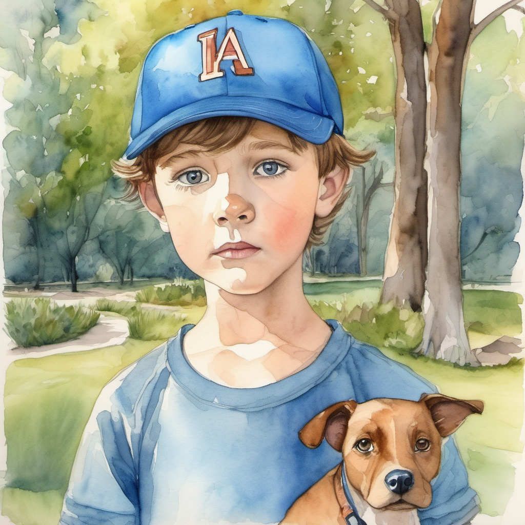 Brown-haired boy with a blue baseball cap sees a lost dog in the park