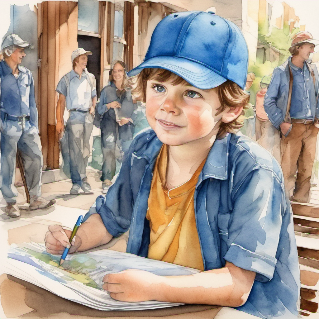 Brown-haired boy with a blue baseball cap talks to people to find the owner