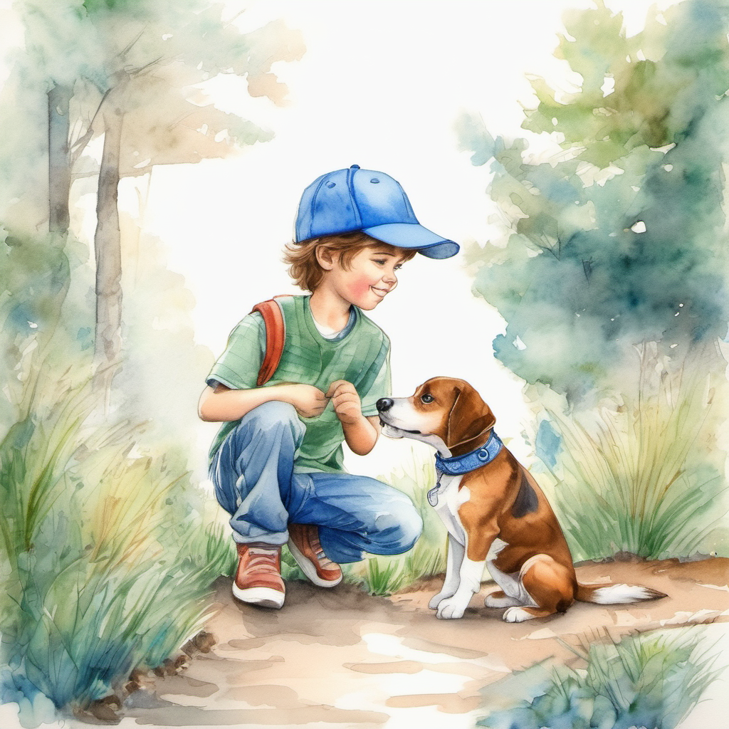 Brown-haired boy with a blue baseball cap decides to take the dog with him