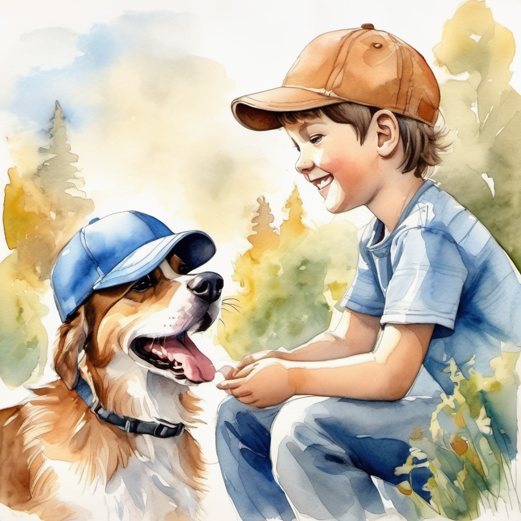 Brown-haired boy with a blue baseball cap gives the dog back to its happy owner