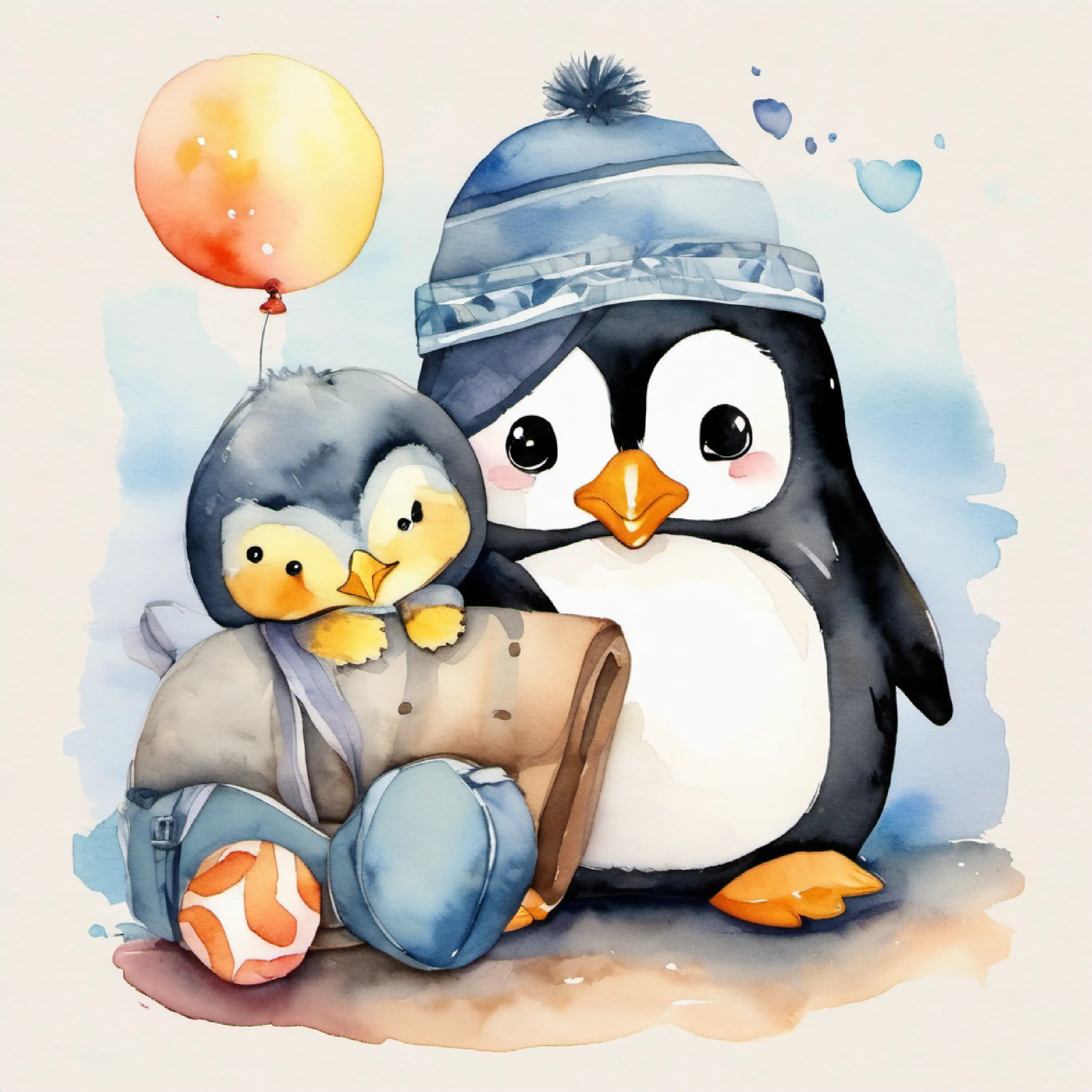 Pengu with pillow-friends Ducky, Bear, and Owl, ready for adventure.