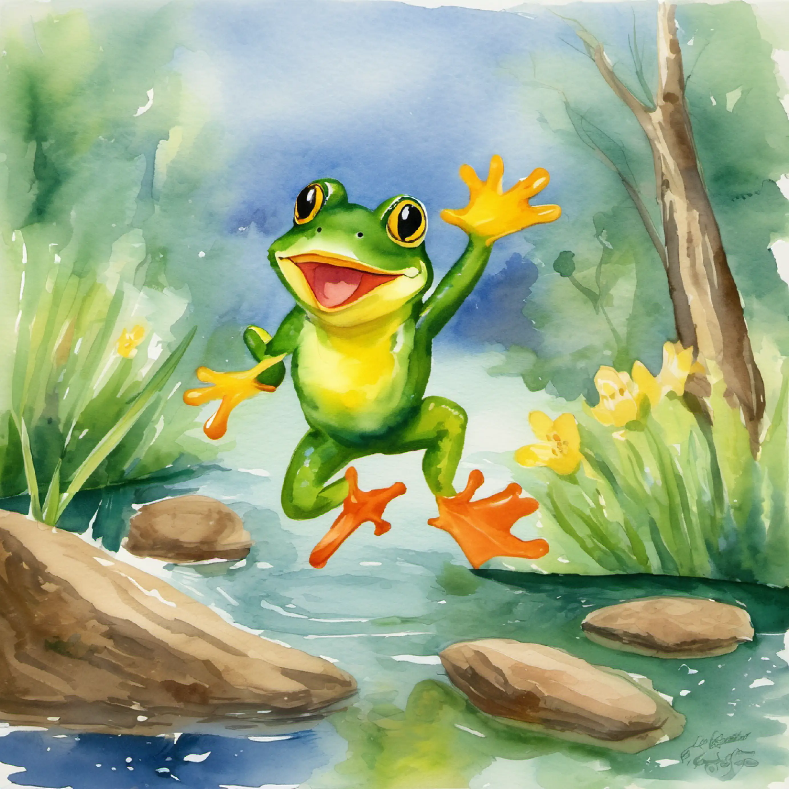 Froggy’s successful leap with Ducky's help, showcasing friendship.