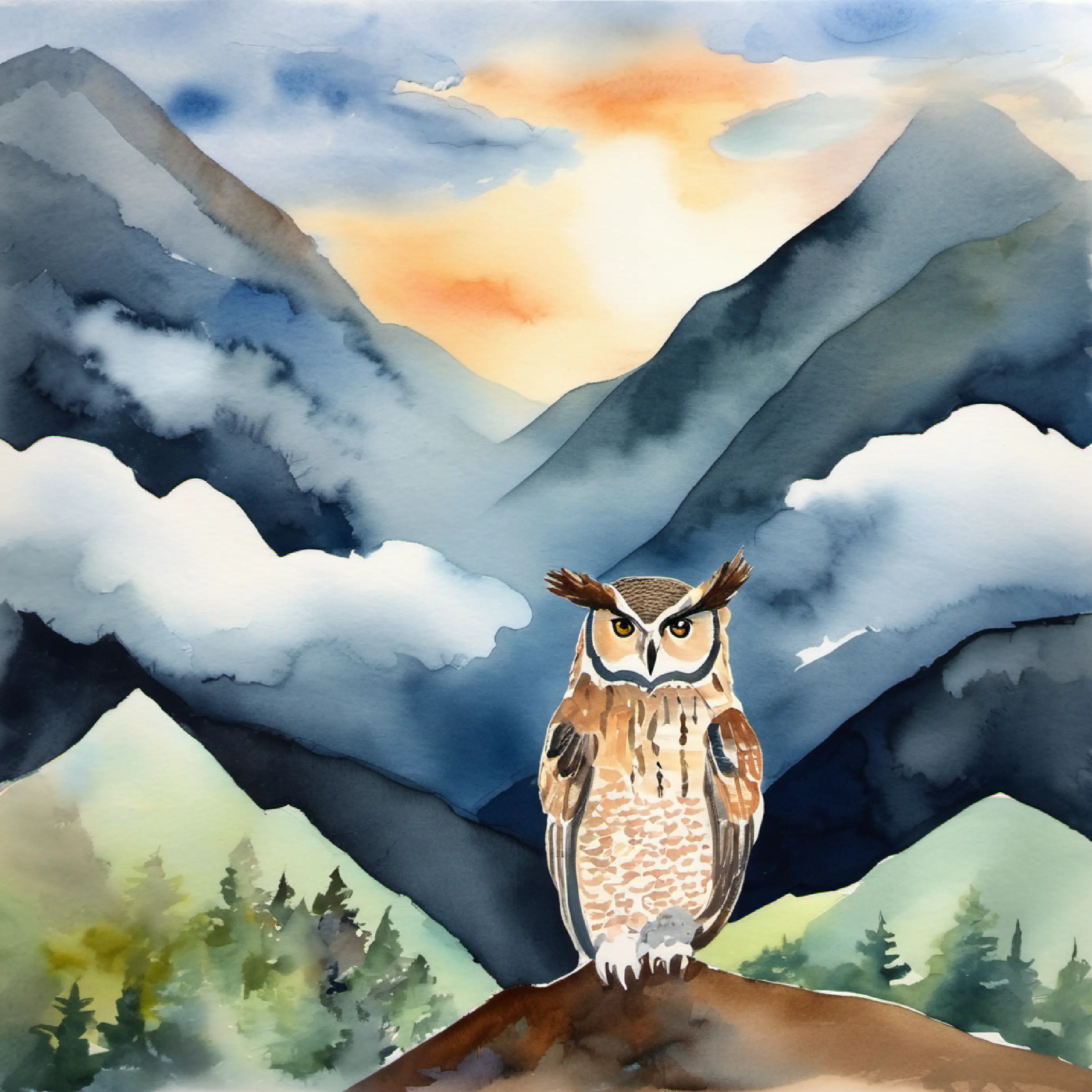 Arriving in the Mountains, Owl comforts sad clouds.