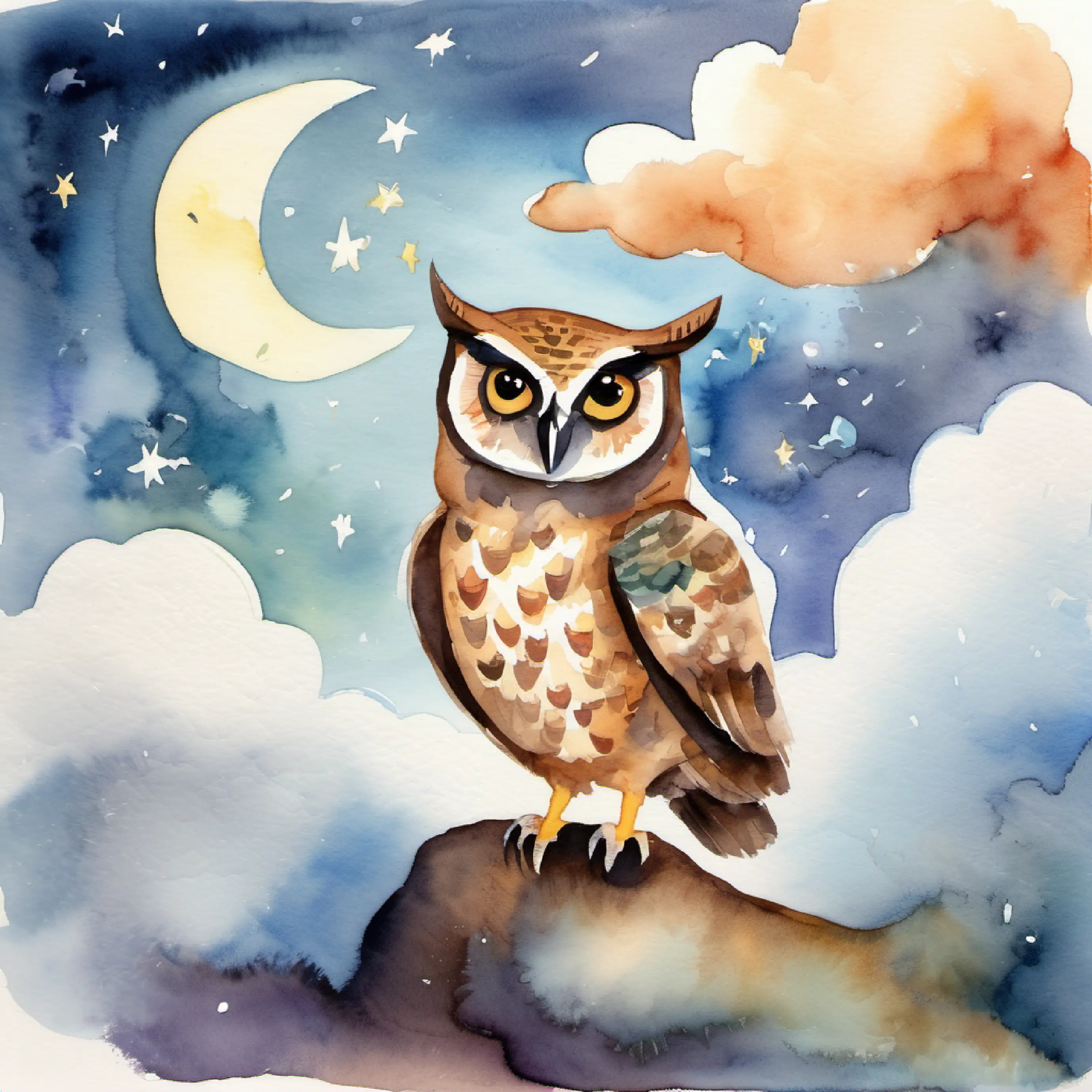 Owl cheering up the clouds with stories, clouds show joy.