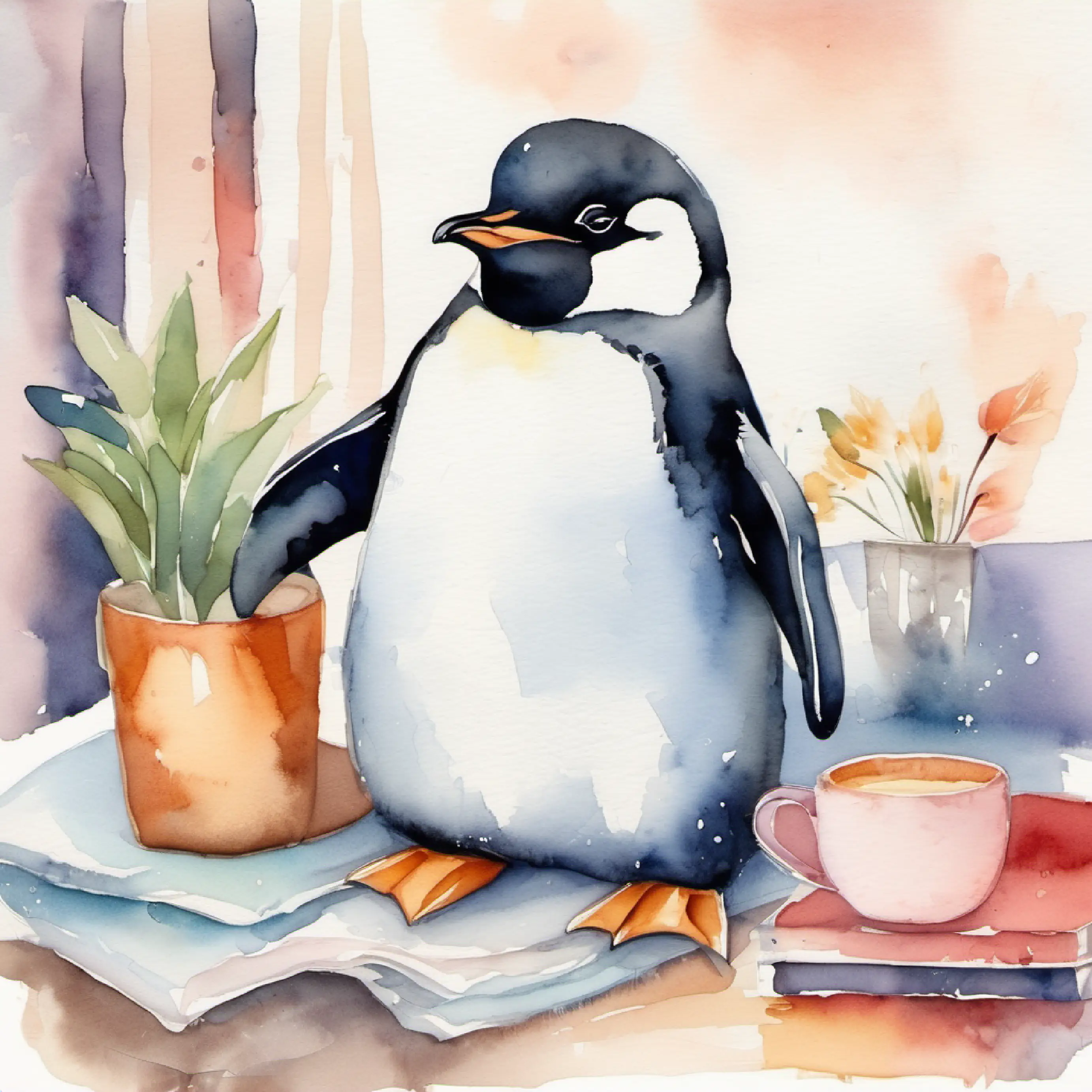 cute Pengu's bedroom filled with friendly pillows, introducing Pengu.