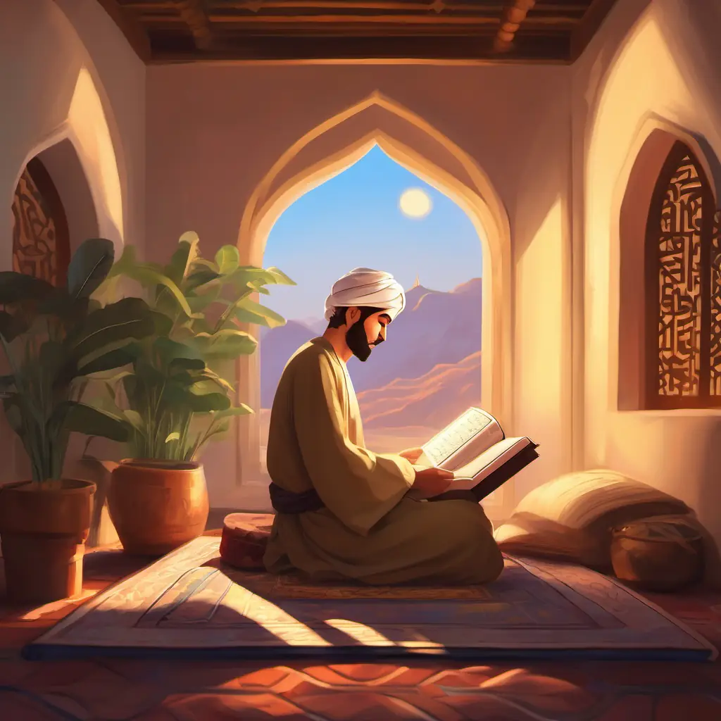 Muhammad waking up, performing Fajr, reading Qur'an