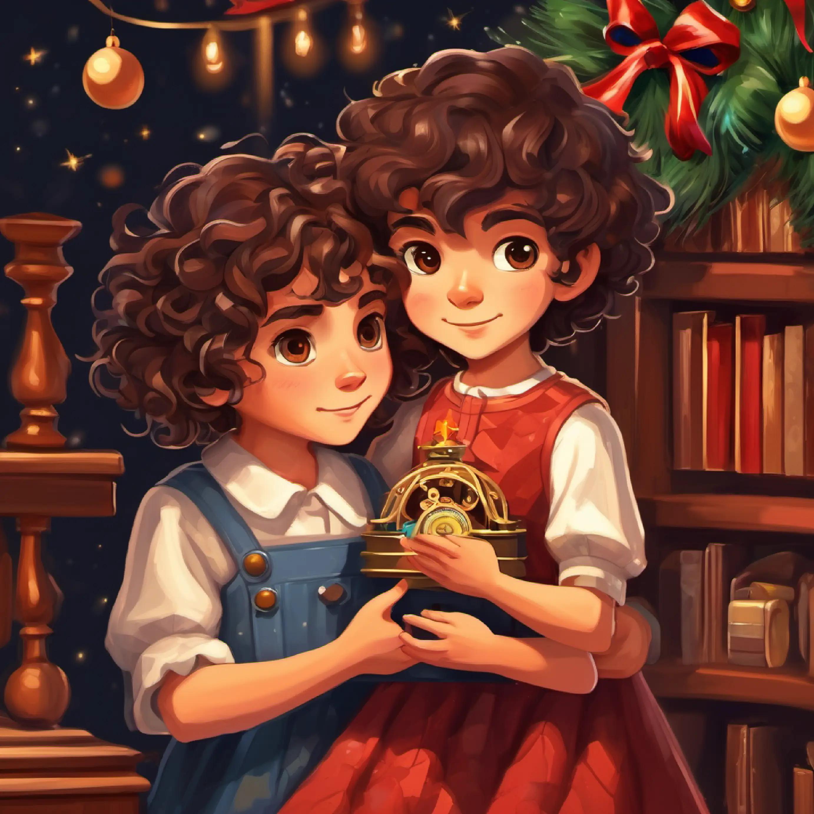 Thoughtful boy, tanned skin, dark hair and brown eyes showing forgiveness embracing Mischievous sister, curly hair, holding a doll, resolved to repair the music box.
