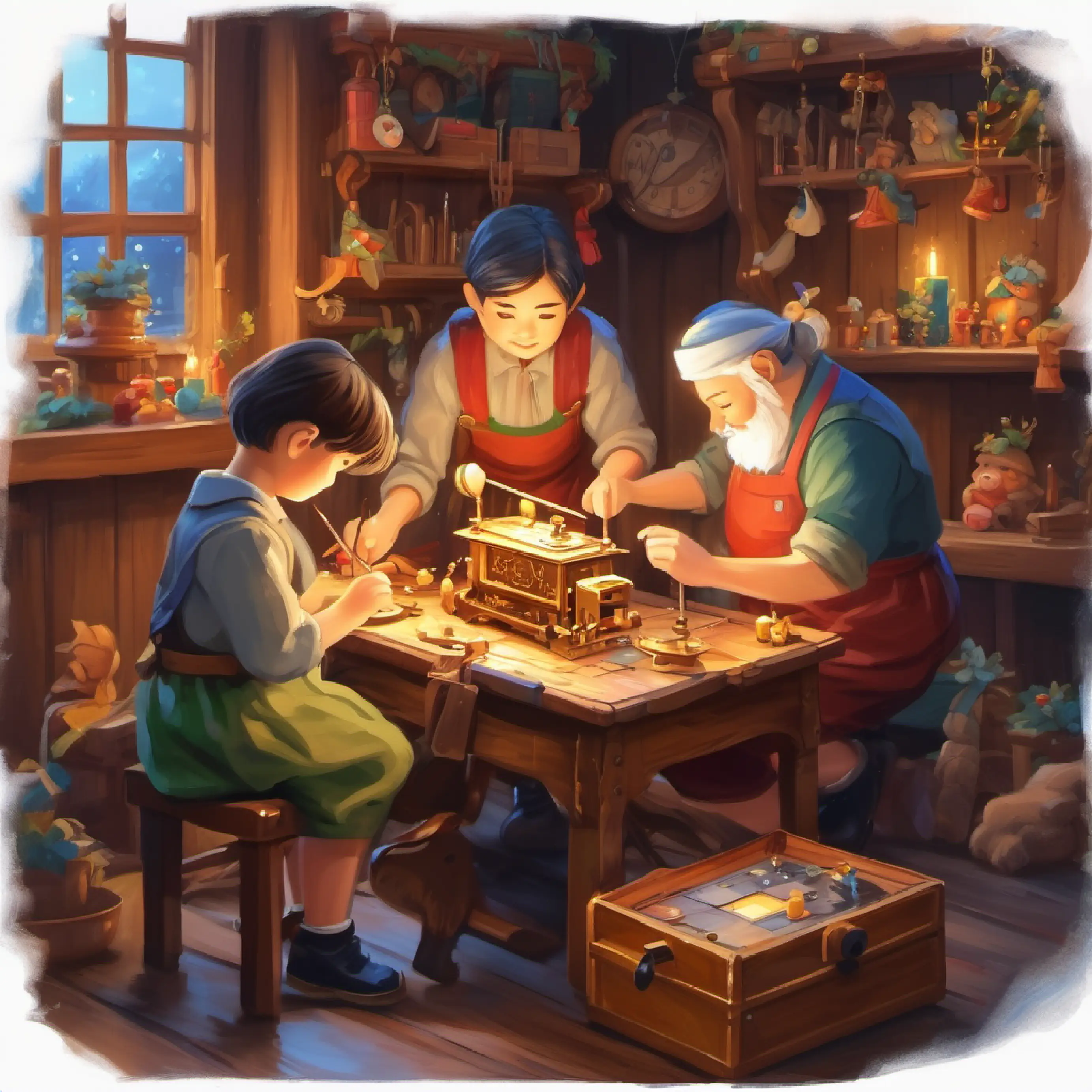 Family activity, repairing the music box, concentrated and careful work.