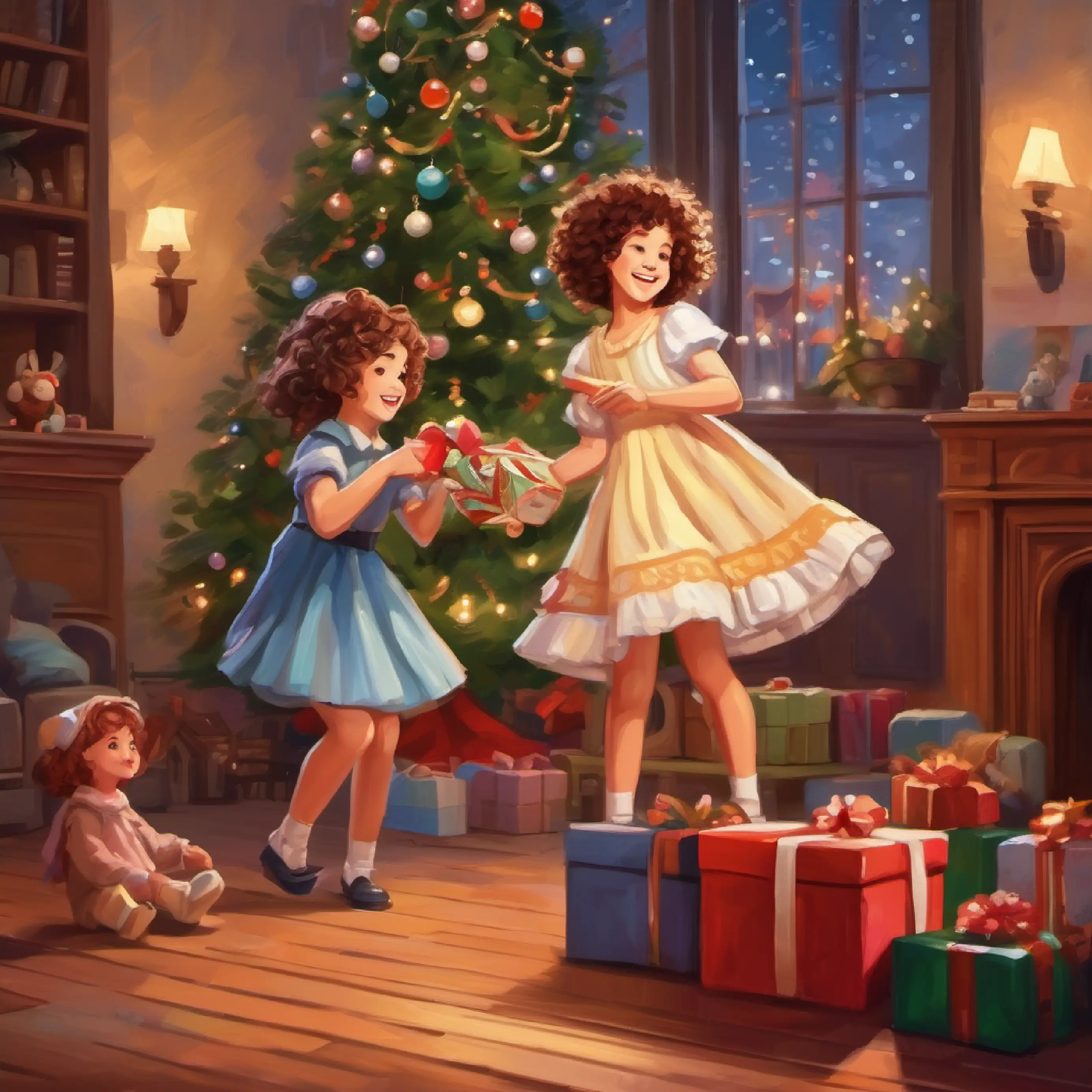 Music box playing, Mischievous sister, curly hair, holding a doll dancing happily, family enjoying the moment.