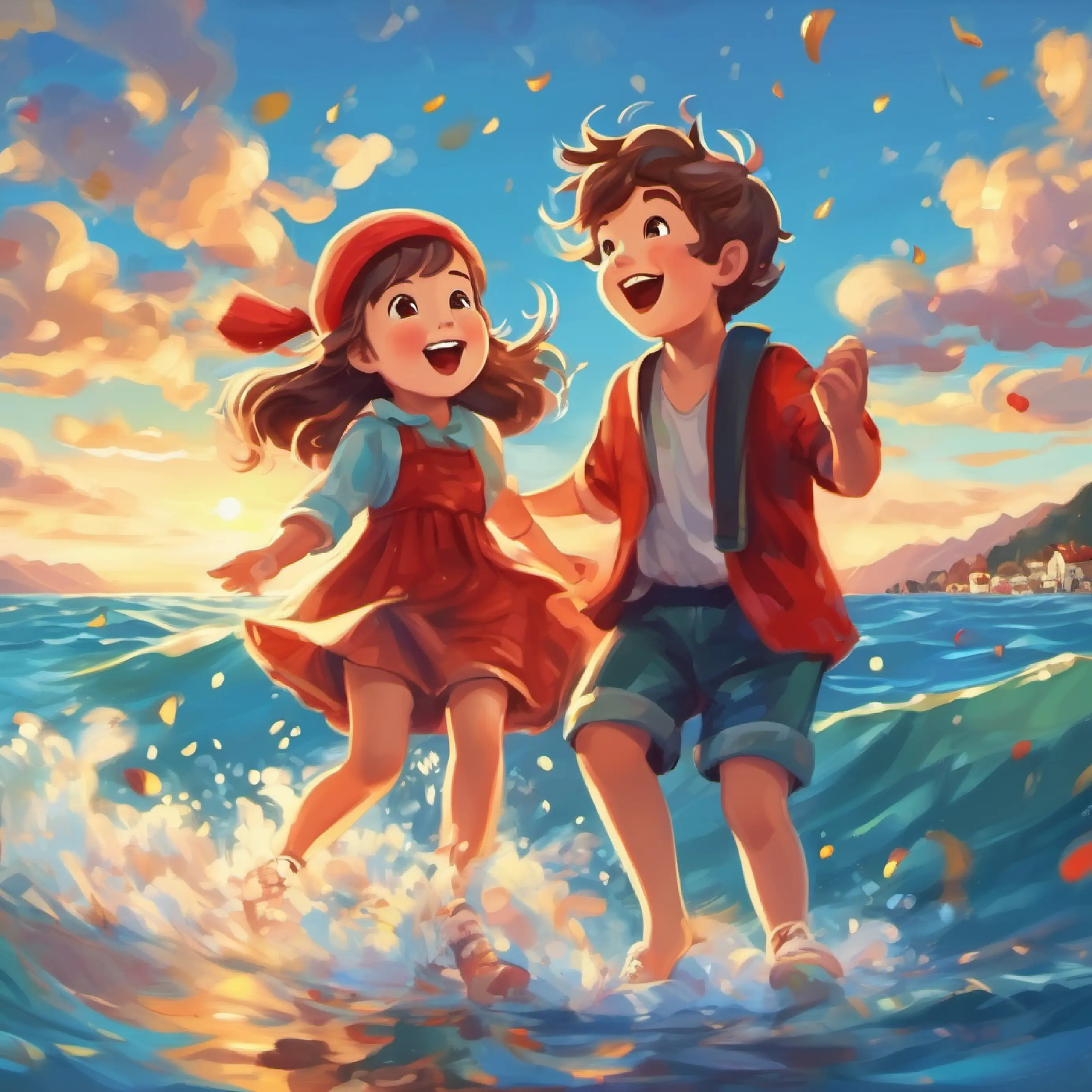 happy girl and boy in the sea, singing