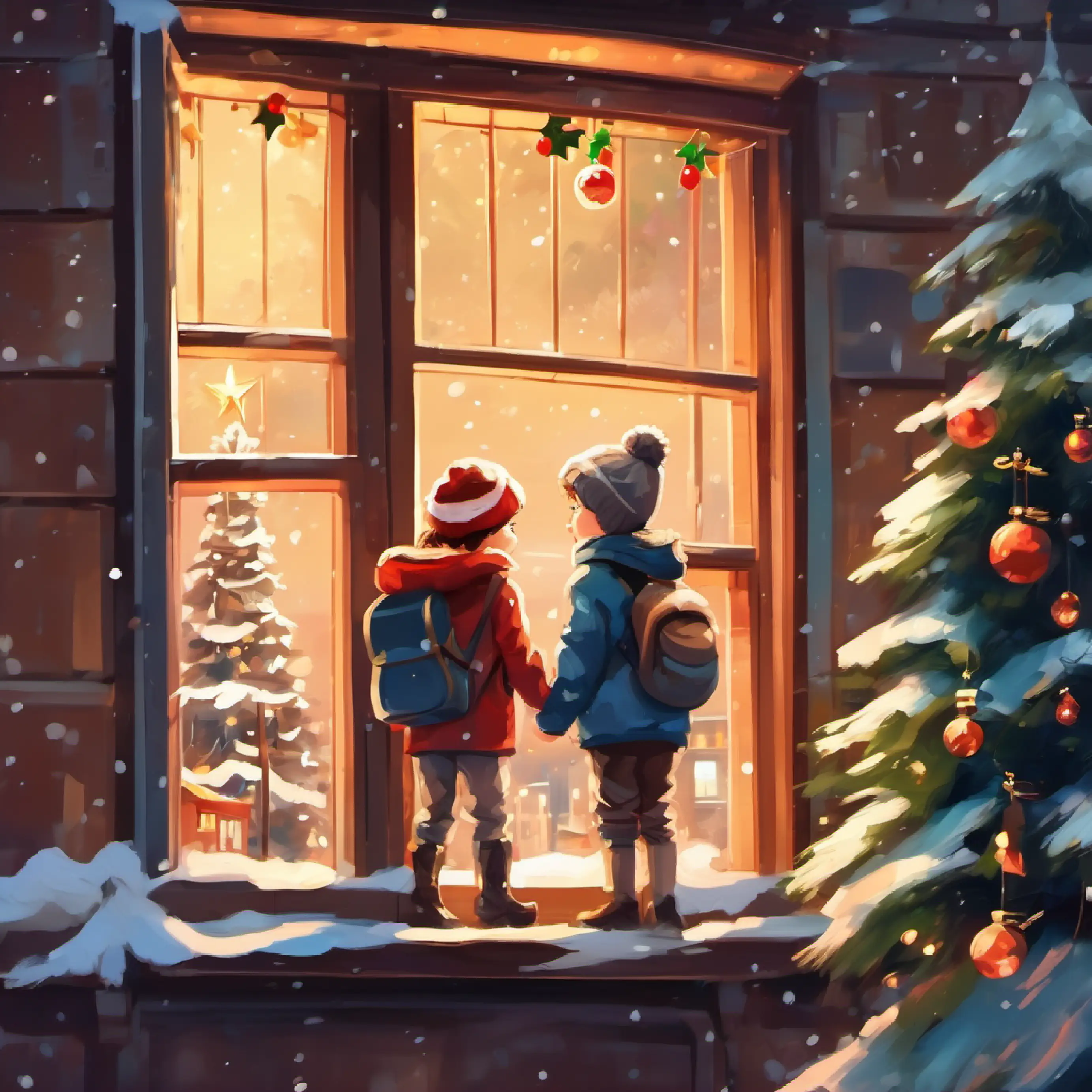 boy and girl, see Christmas through their window, music box