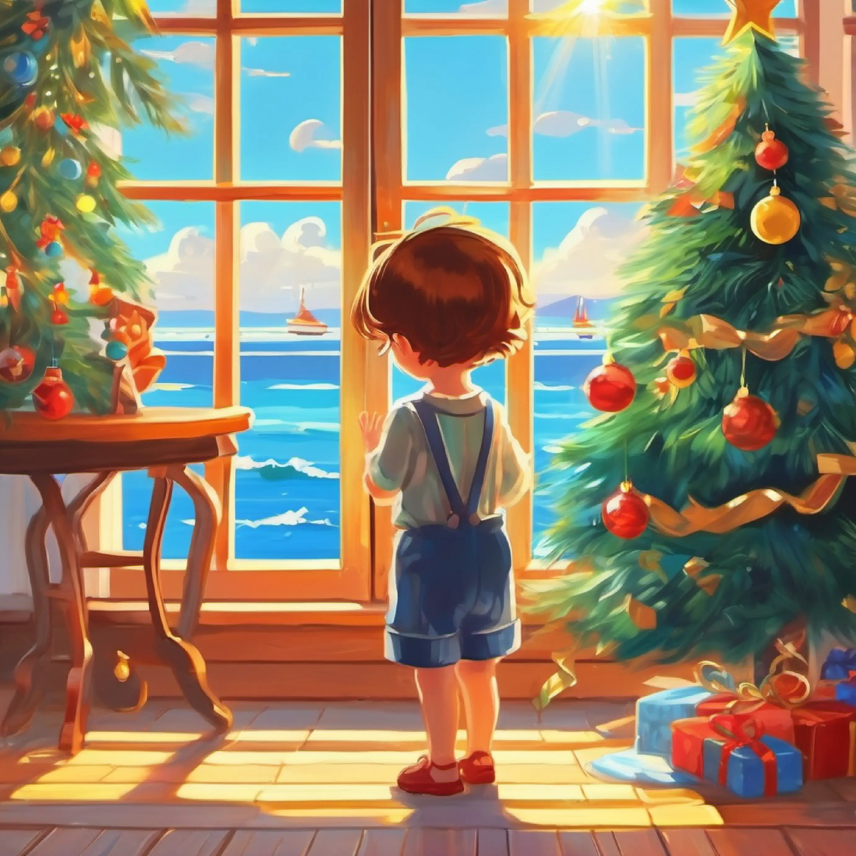 child crying in beautiful house sun and sea