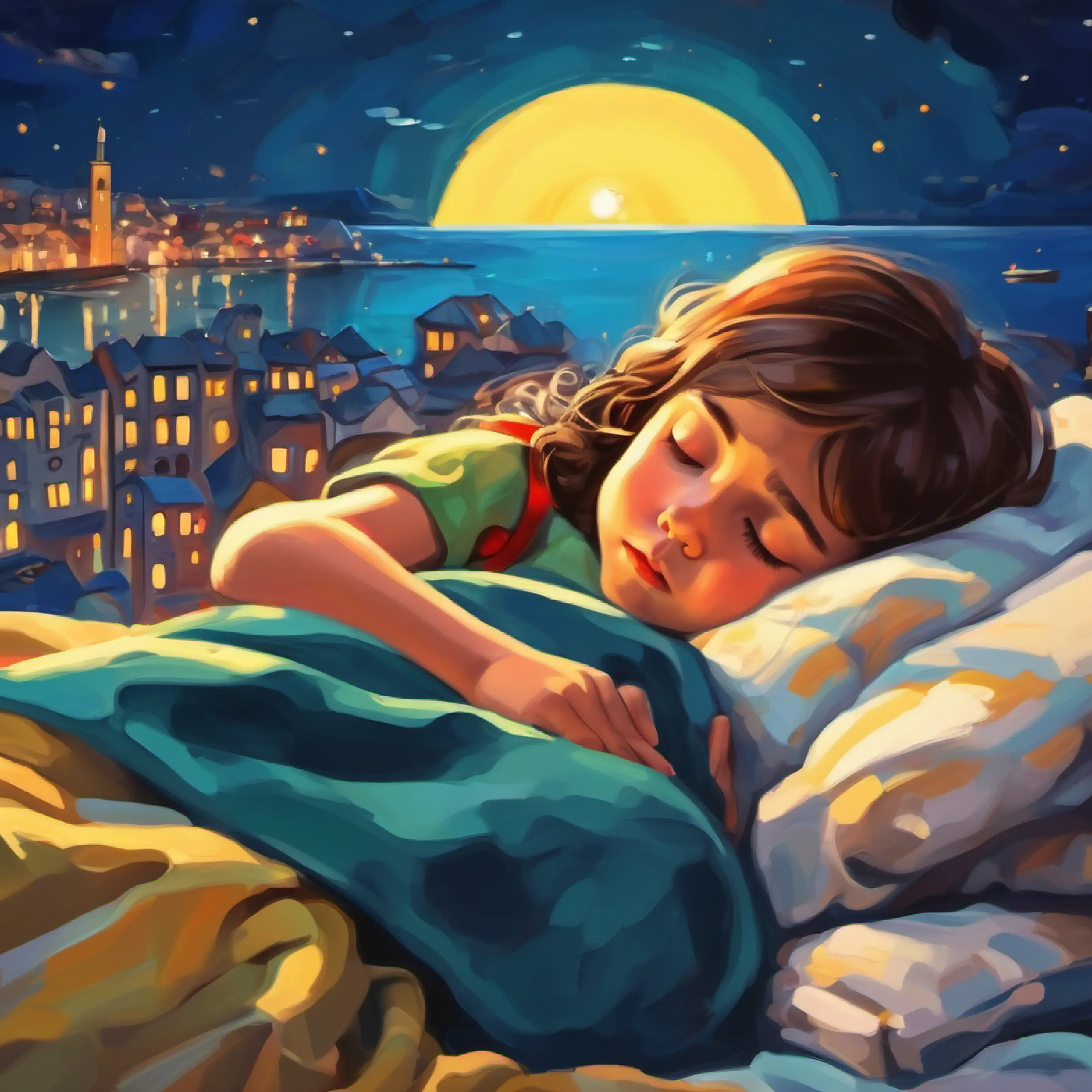 girl asleep in bed, sad crying child, city with sun and sea