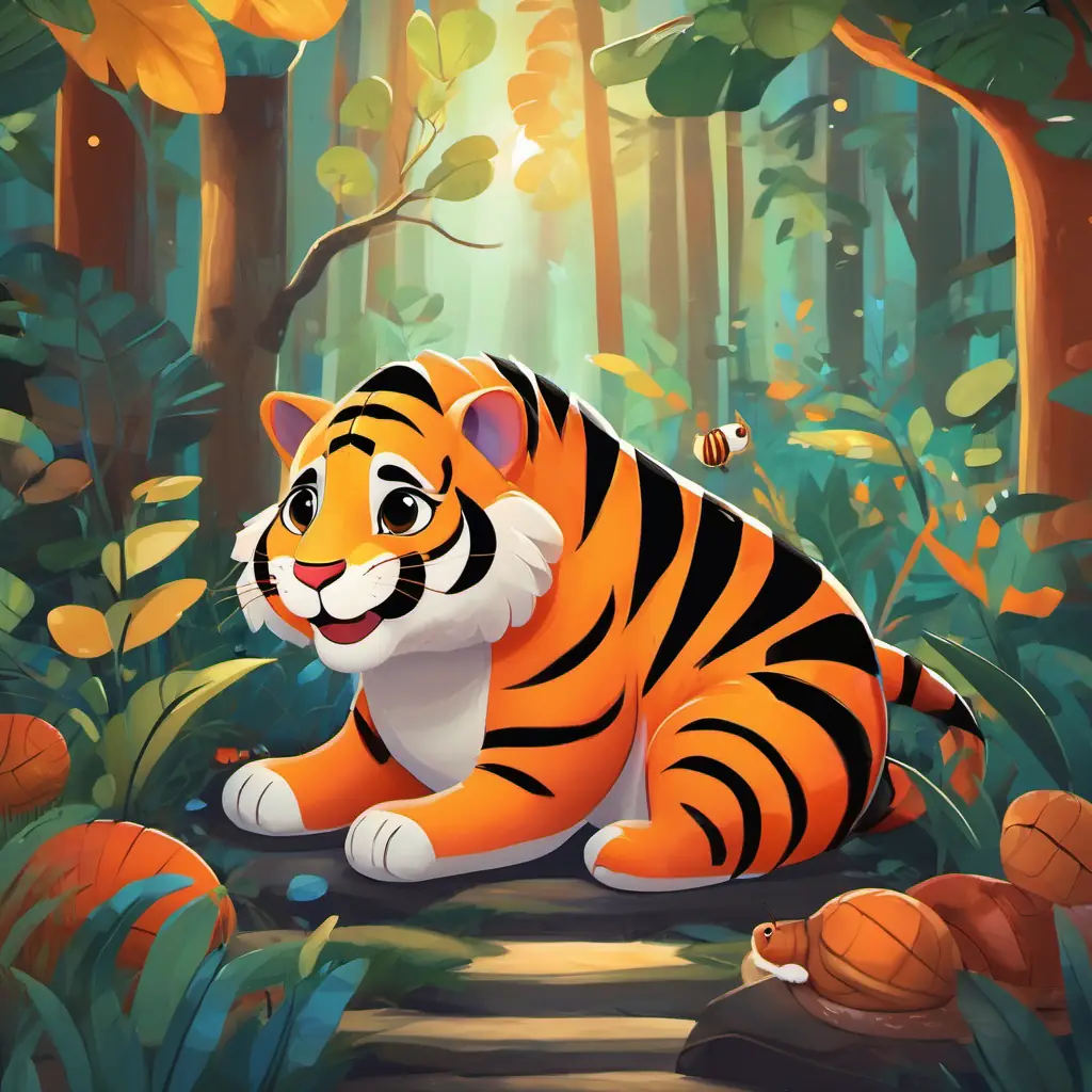 In a colorful forest, a cheerful Big orange tiger with black stripes, a shy Small armadillo with a shiny shell, and a playful Chubby seal with big round eyes were gathered around a paint palette. The sun was starting to set, and they were ready to work their magic.