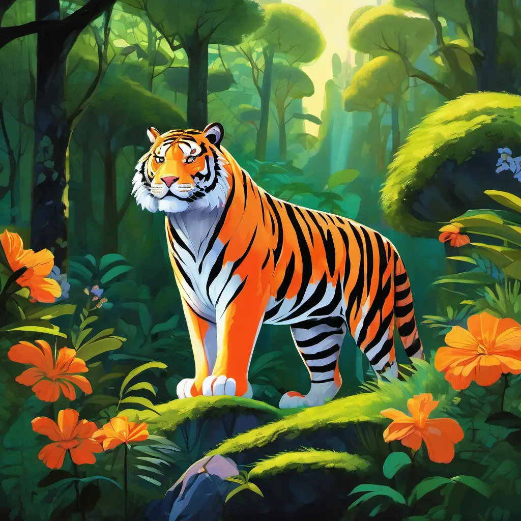 In the lush jungle, the Big orange tiger with black stripes stood tall on a mossy rock, her black stripes glistening under the fading sunlight. The sky transformed into a vibrant masterpiece, with trees and flowers casting long shadows.