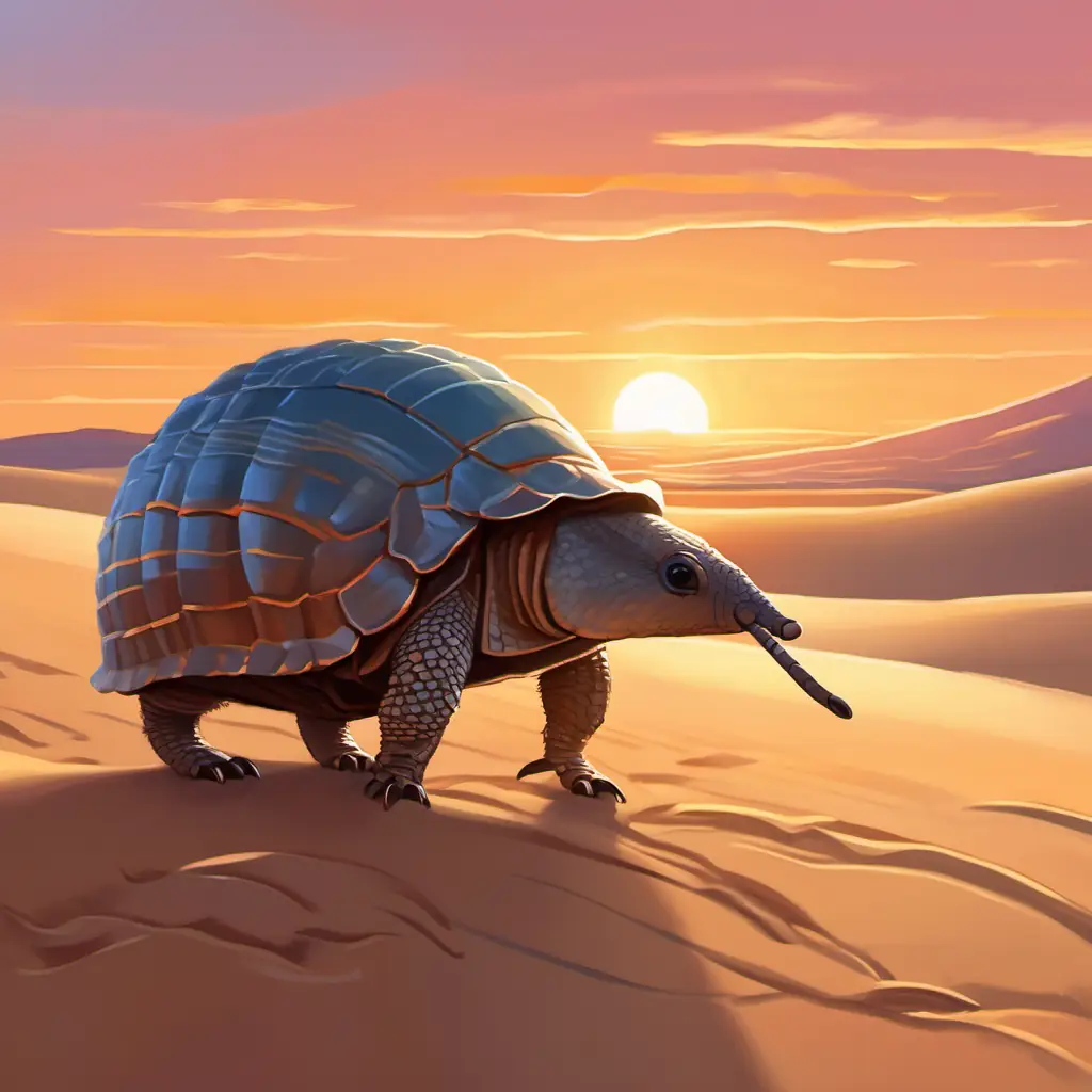 In the quiet desert, the little Small armadillo with a shiny shell stood on warm sand, her shiny shell reflecting the fading light. Her sunset spread across the horizon like a gentle blanket, bringing a sense of peace to the sandy dunes.