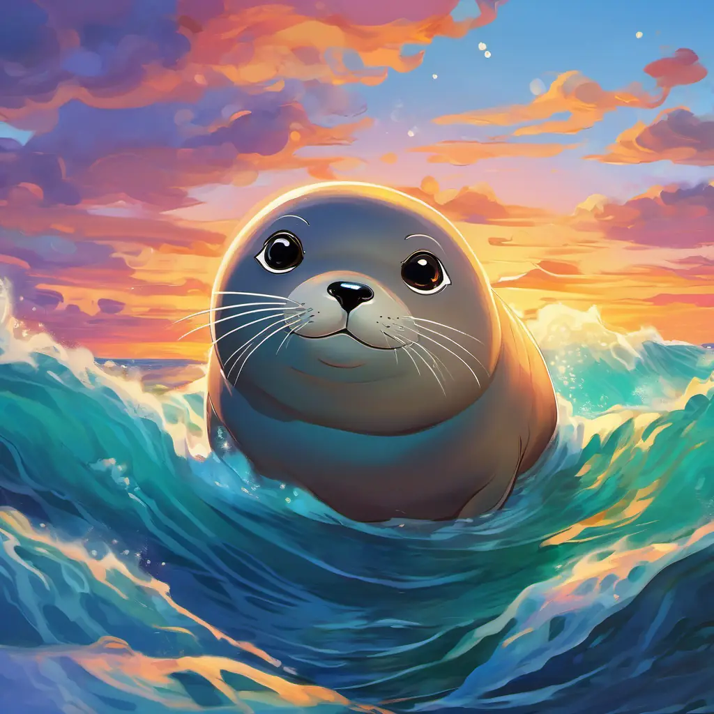 At the edge of the sparkling ocean, the chubby Chubby seal with big round eyes popped her head out of the waves, her big, round eyes shining with excitement. As the sun dipped below the horizon, the sea became alive with vibrant colors, blending with the foamy waves.