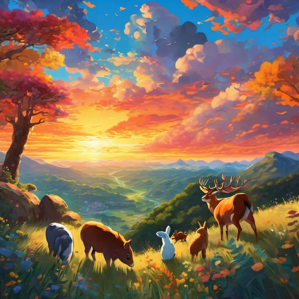 The animals gathered together, looking up at the sky in awe. The vivid colors intertwined, creating a breathtaking canvas that covered the world. Nature seemed to hold its breath, as if applauding the incredible work of the sunset painters.