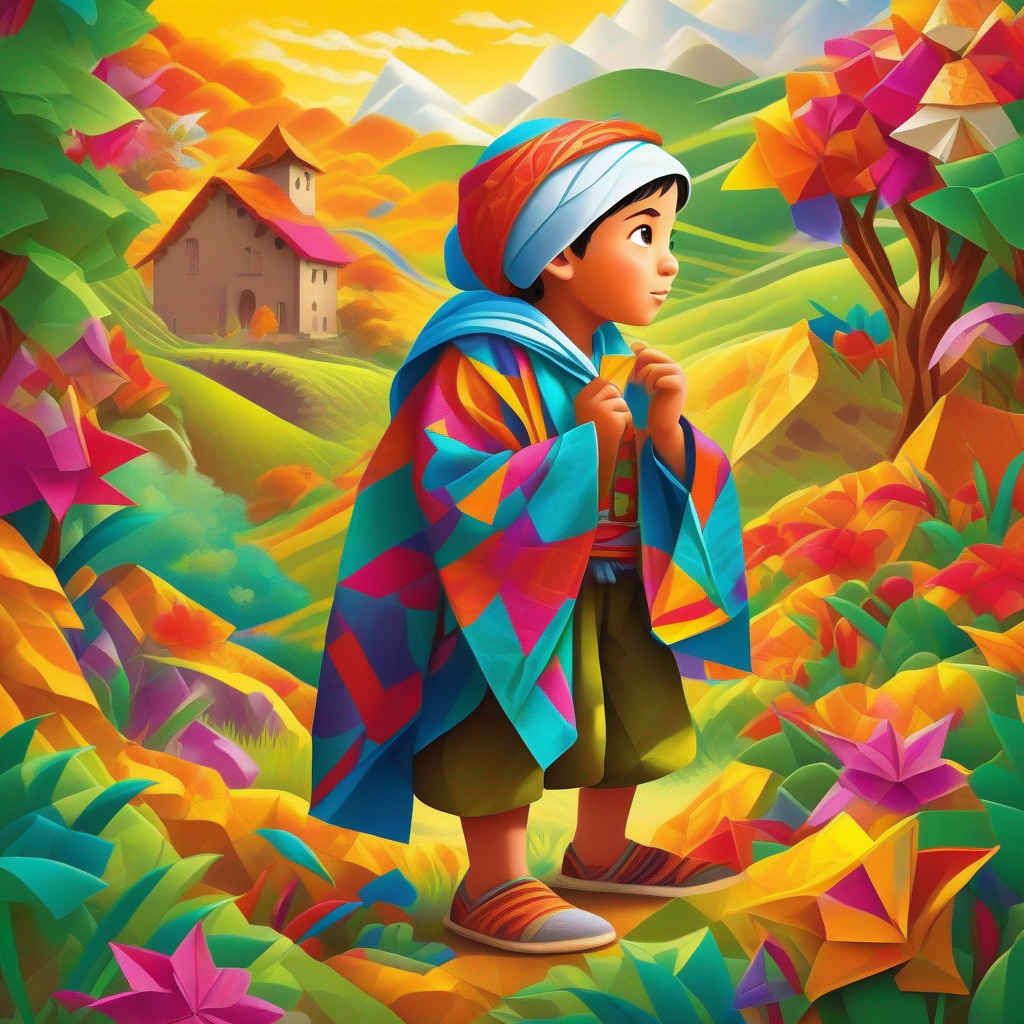 Curious, determined boy in traditional clothes, vibrant headscarf hears about treasure, determined to find it, village setting