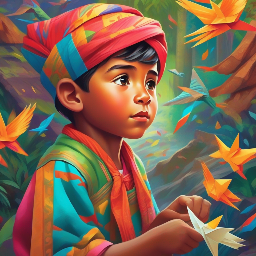 Curious, determined boy in traditional clothes, vibrant headscarf asks villagers, searches everywhere, can't find treasure