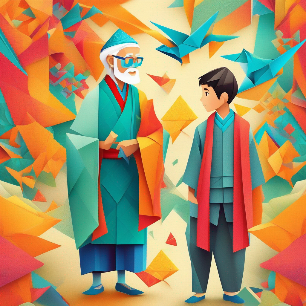 Curious, determined boy in traditional clothes, vibrant headscarf meets wise old man, riddles are the key