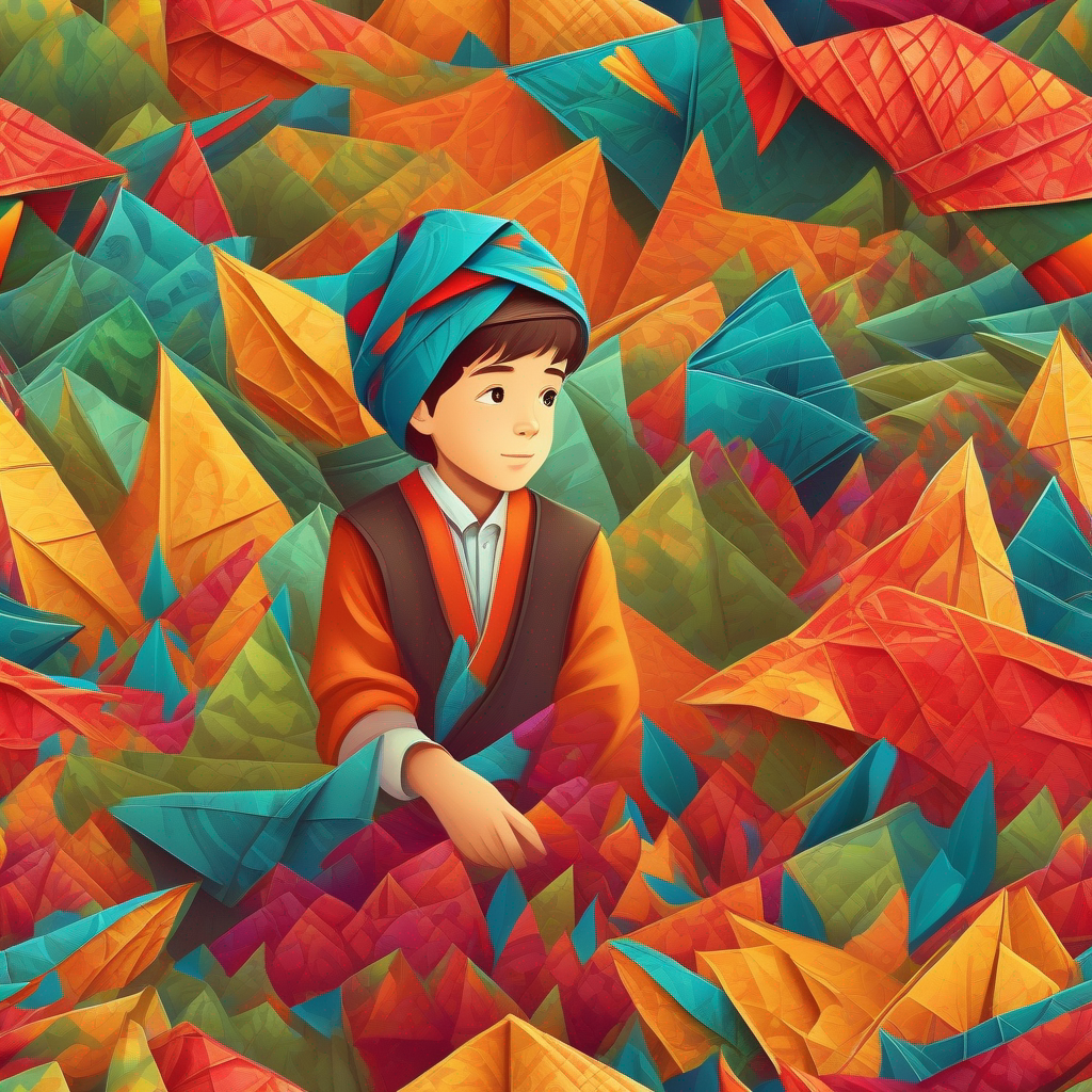 Curious, determined boy in traditional clothes, vibrant headscarf solves final riddle, discovers the hidden treasure