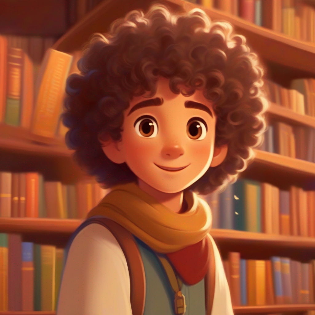 Curly-haired dreamer with twinkling brown eyes, always sporting a cozy scarf. excitedly explores the dusty bookshelves in the bookshop.