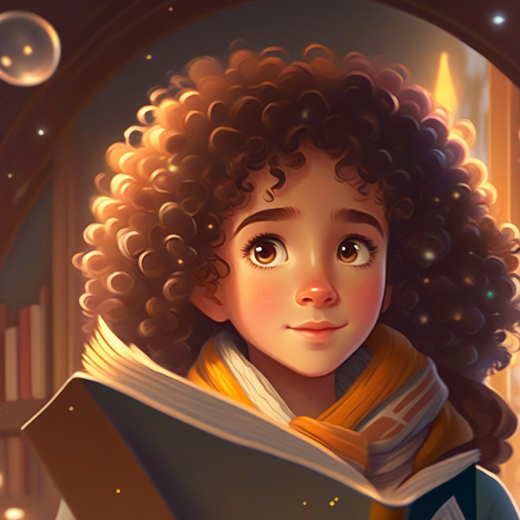 Curly-haired dreamer with twinkling brown eyes, always sporting a cozy scarf.'s eyes widen with curiosity as she flips through the diary's pages.