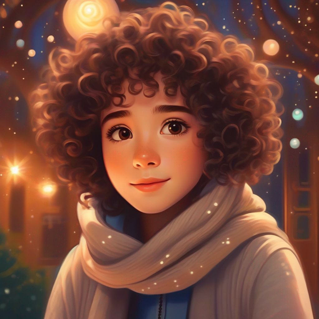 Curly-haired dreamer with twinkling brown eyes, always sporting a cozy scarf.'s mind races as she connects the dots of the captivating tale.