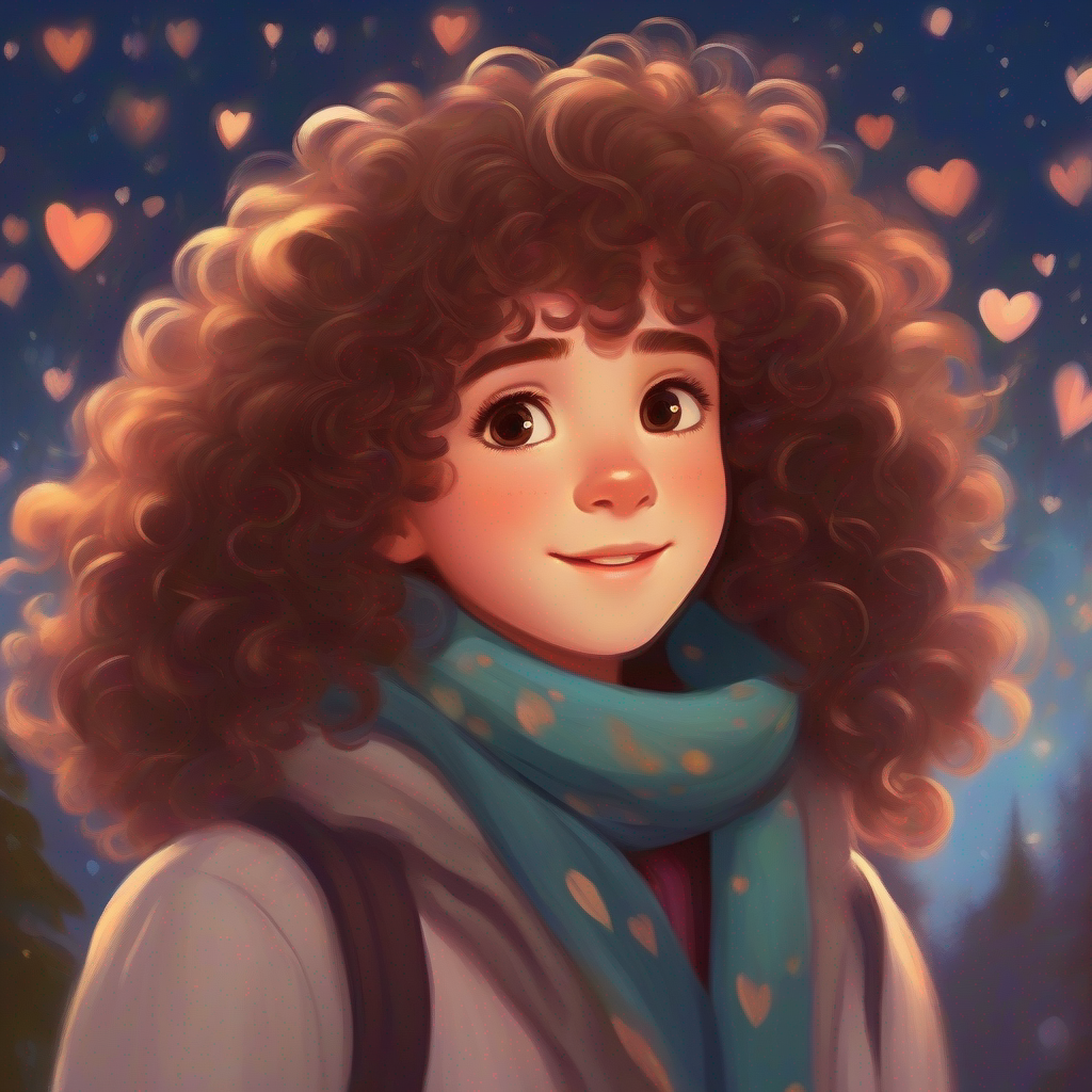 Curly-haired dreamer with twinkling brown eyes, always sporting a cozy scarf.'s heart skips a beat whenever she sees him.