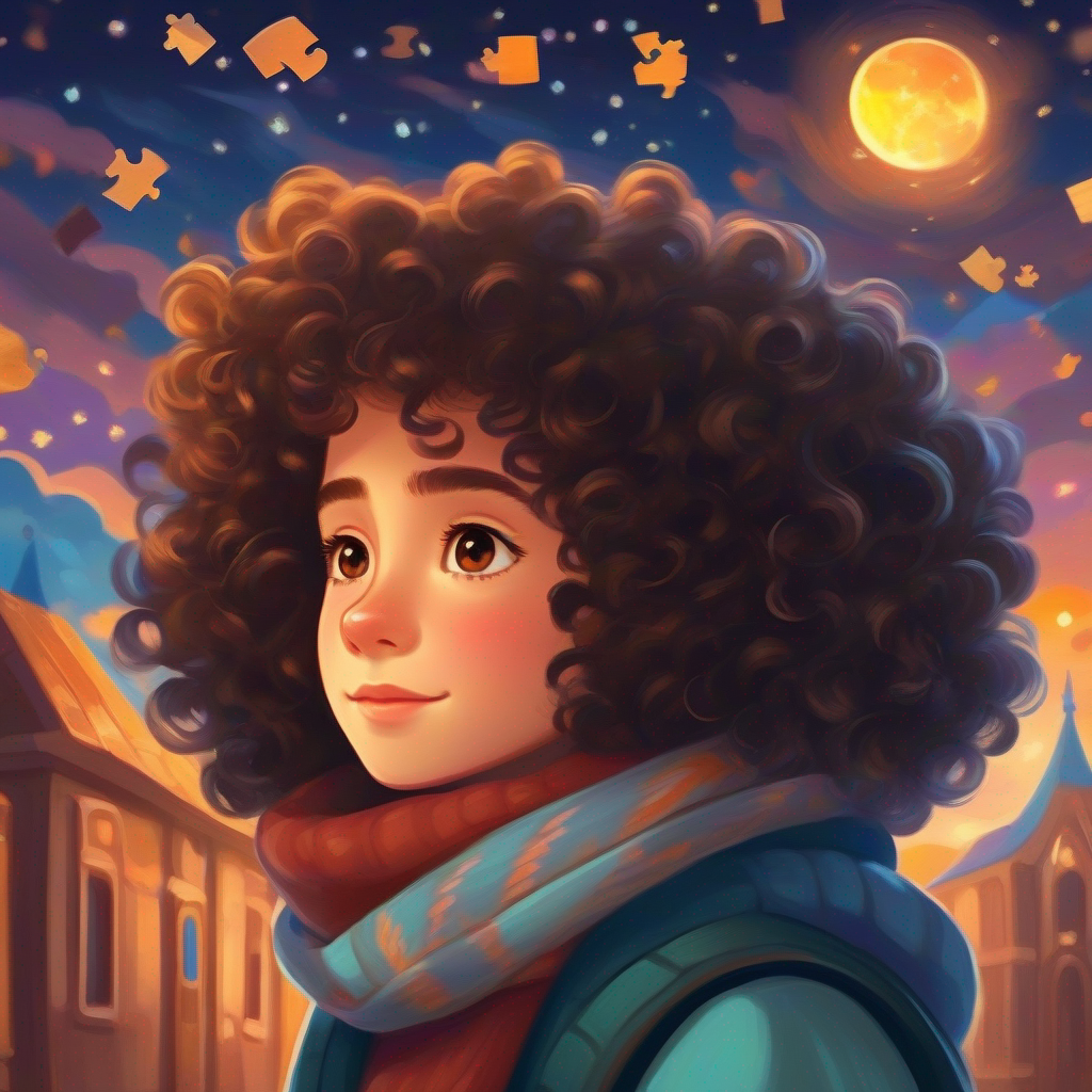 Curly-haired dreamer with twinkling brown eyes, always sporting a cozy scarf. and her love interest piece together the puzzle of the past.