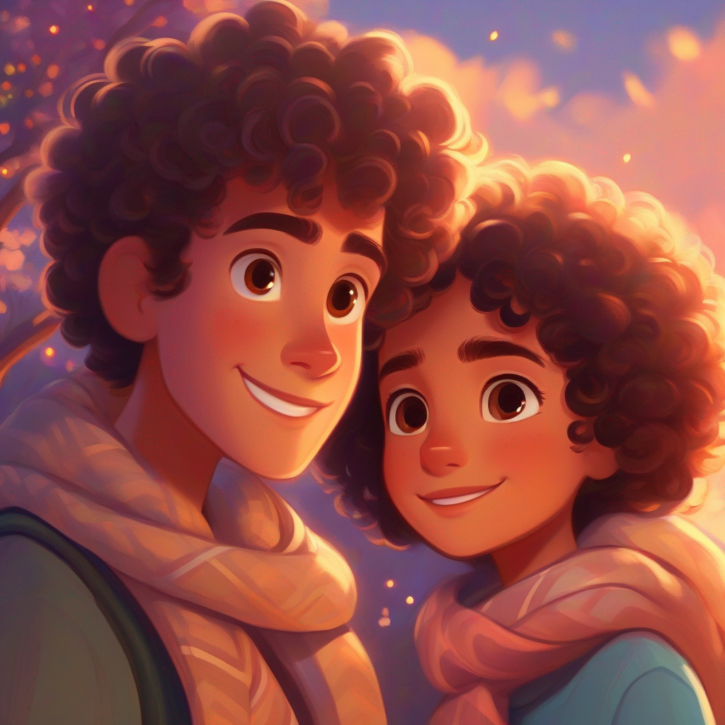 Curly-haired dreamer with twinkling brown eyes, always sporting a cozy scarf. and her soulmate cherish their connection through shared narratives.