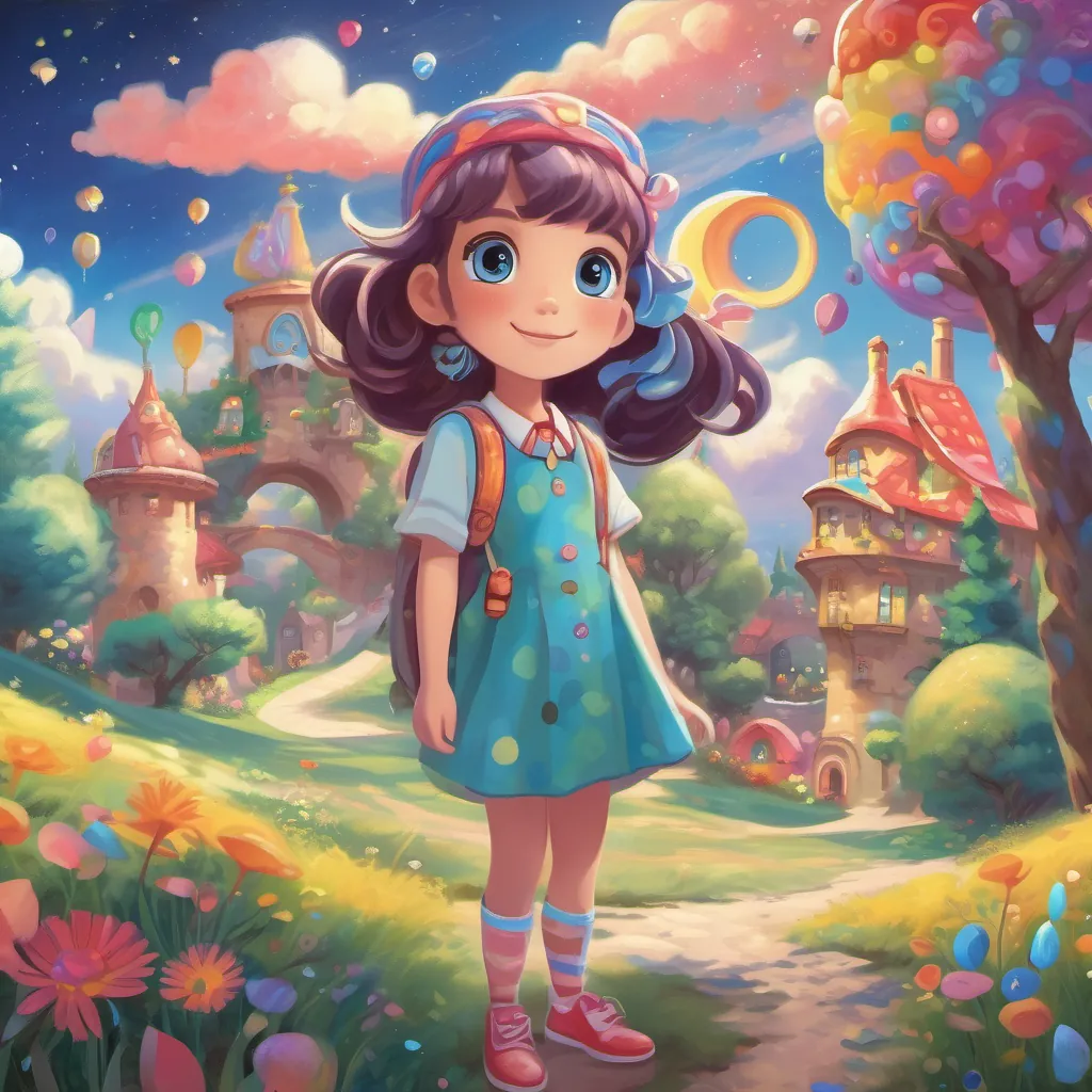 A whimsical landscape with vibrant blue skies, a girl named A mysterious girl with candy swirl hair, a twinkling star-like gaze, and a colorful outfit in colorful clothes, clip-clop shoes, and playful trees with big eyes.