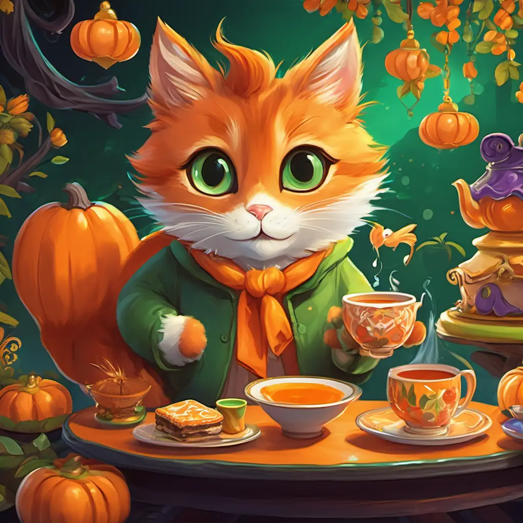 Tina: orange fur, big green eyes, friendly and playful sitting at a table with a teapot, pouring tea into a cup, surrounded by colorful tea party decorations