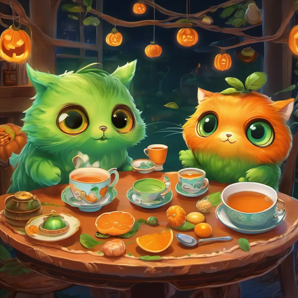 Tina: orange fur, big green eyes, friendly and playful and Timmy: green shell, kind eyes, slow and steady at the tea table with teapots and cups, surrounded by various tea flavors