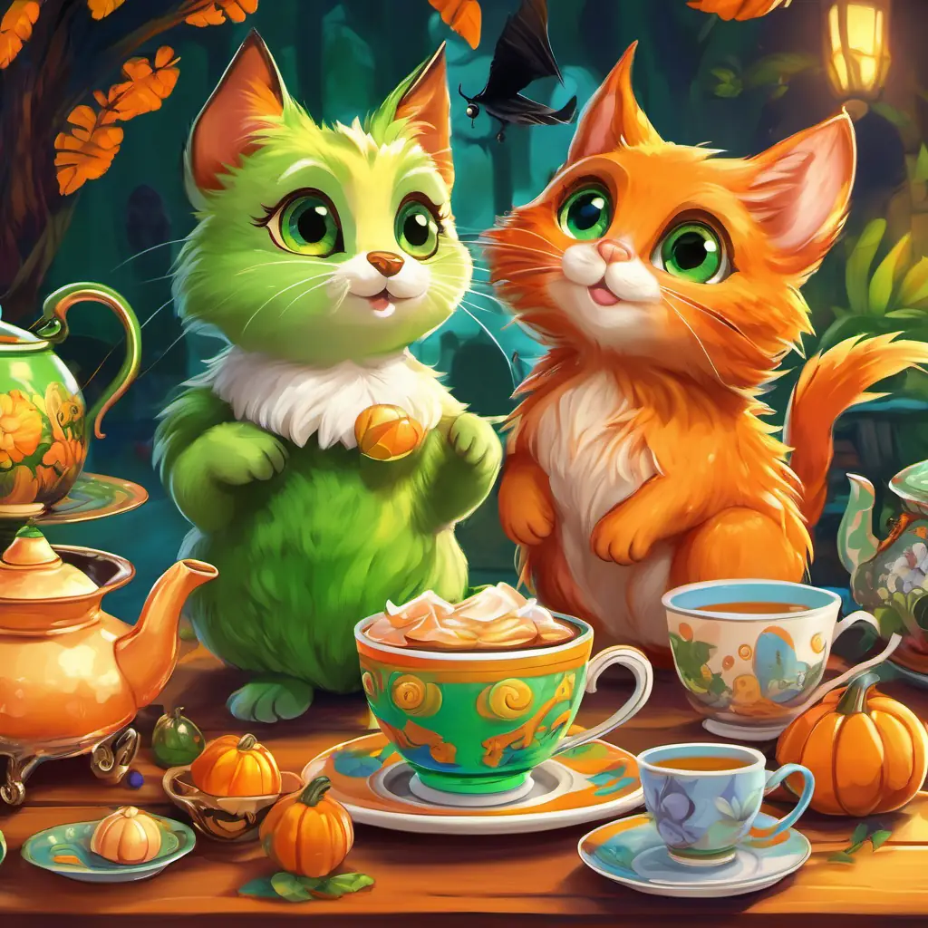 Tina: orange fur, big green eyes, friendly and playful, Timmy: green shell, kind eyes, slow and steady, and Toby: colorful feathers, bright eyes, a bit clumsy but cheerful at the tea table, surrounded by teacups and teapots, with tea spilled everywhere