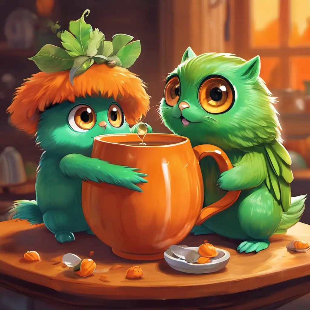 Tina: orange fur, big green eyes, friendly and playful, Timmy: green shell, kind eyes, slow and steady, and Toby: colorful feathers, bright eyes, a bit clumsy but cheerful cleaning up spilled tea, then happily sitting together with steaming cups of tea