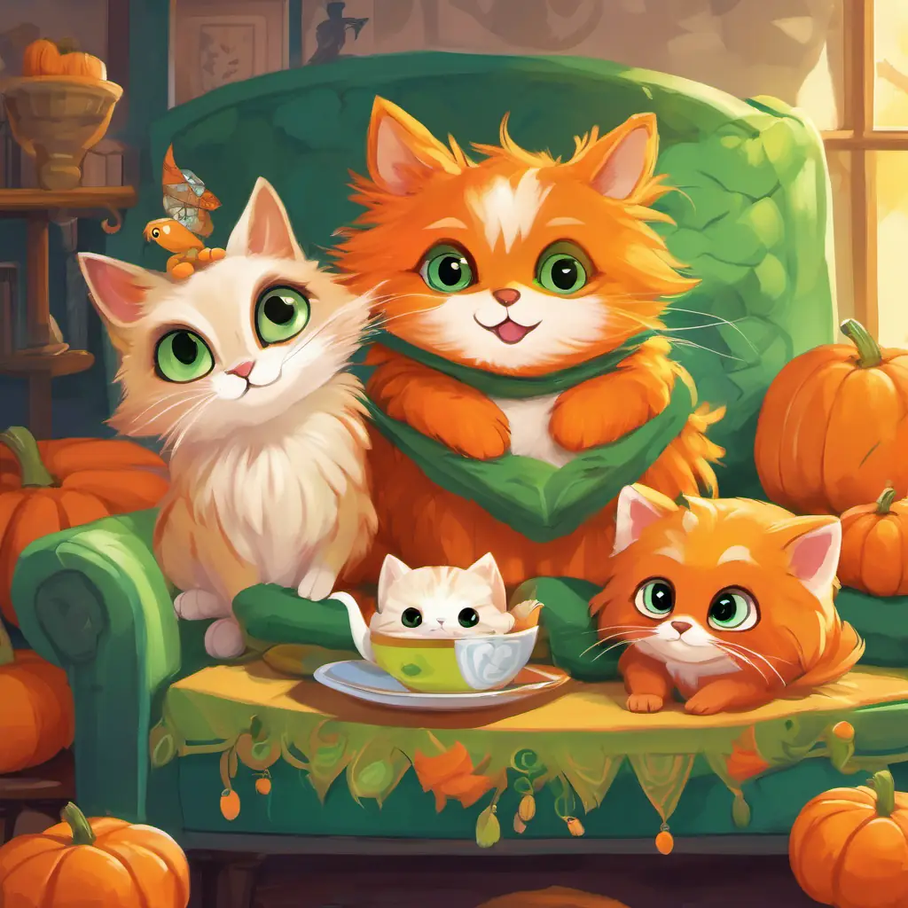 Tina: orange fur, big green eyes, friendly and playful, Timmy: green shell, kind eyes, slow and steady, and Toby: colorful feathers, bright eyes, a bit clumsy but cheerful hugging, smiling, and yawning, getting ready for bed after their tea party