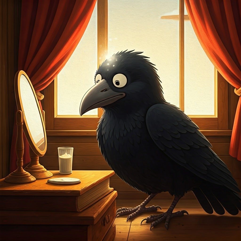 A crow looking at his shiny head in the mirror and smiling