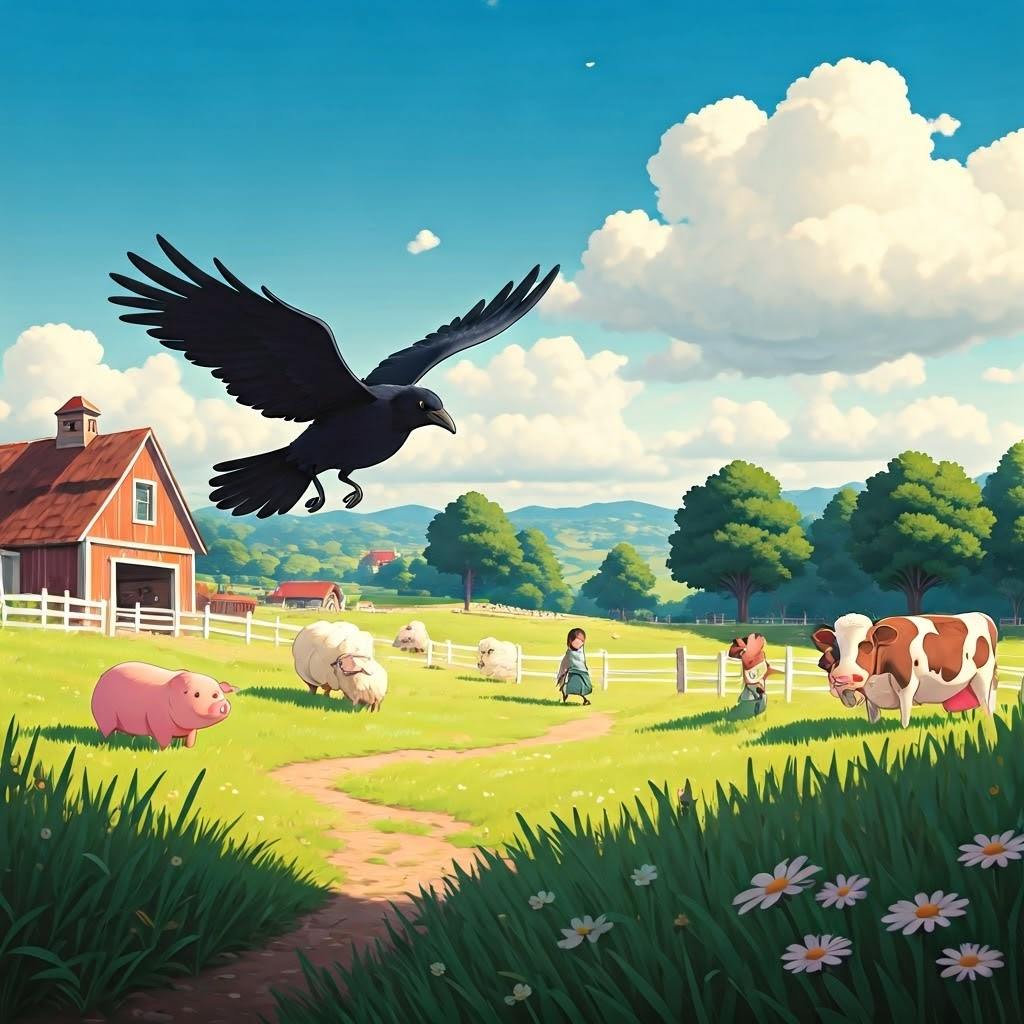 A crow flying over a farm with sheep, pigs, and cows.