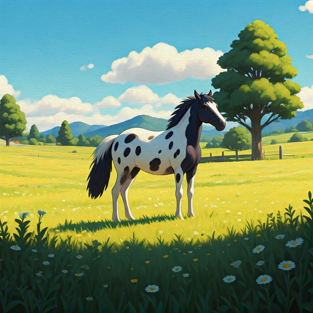 A black and white spotted horse standing in a field