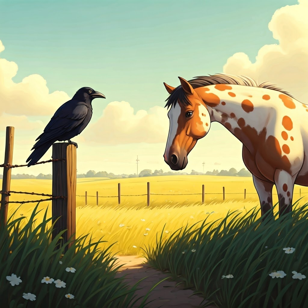 A crow sitting on a fencepost looking at a spotted horse