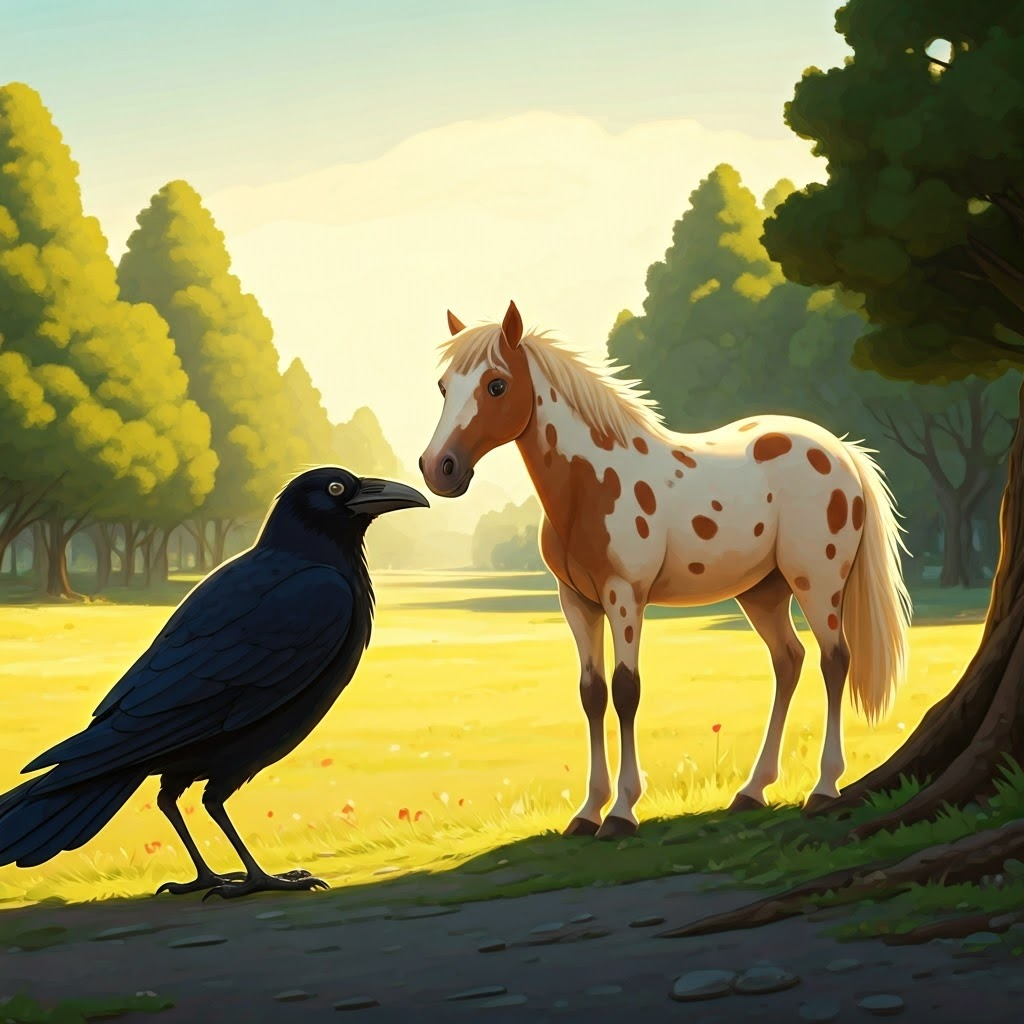 A crow and a spotted horse talking to each other
