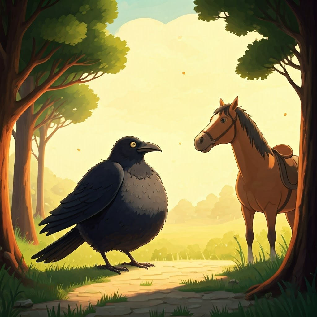 A crow puffing out his chest while talking to a horse.