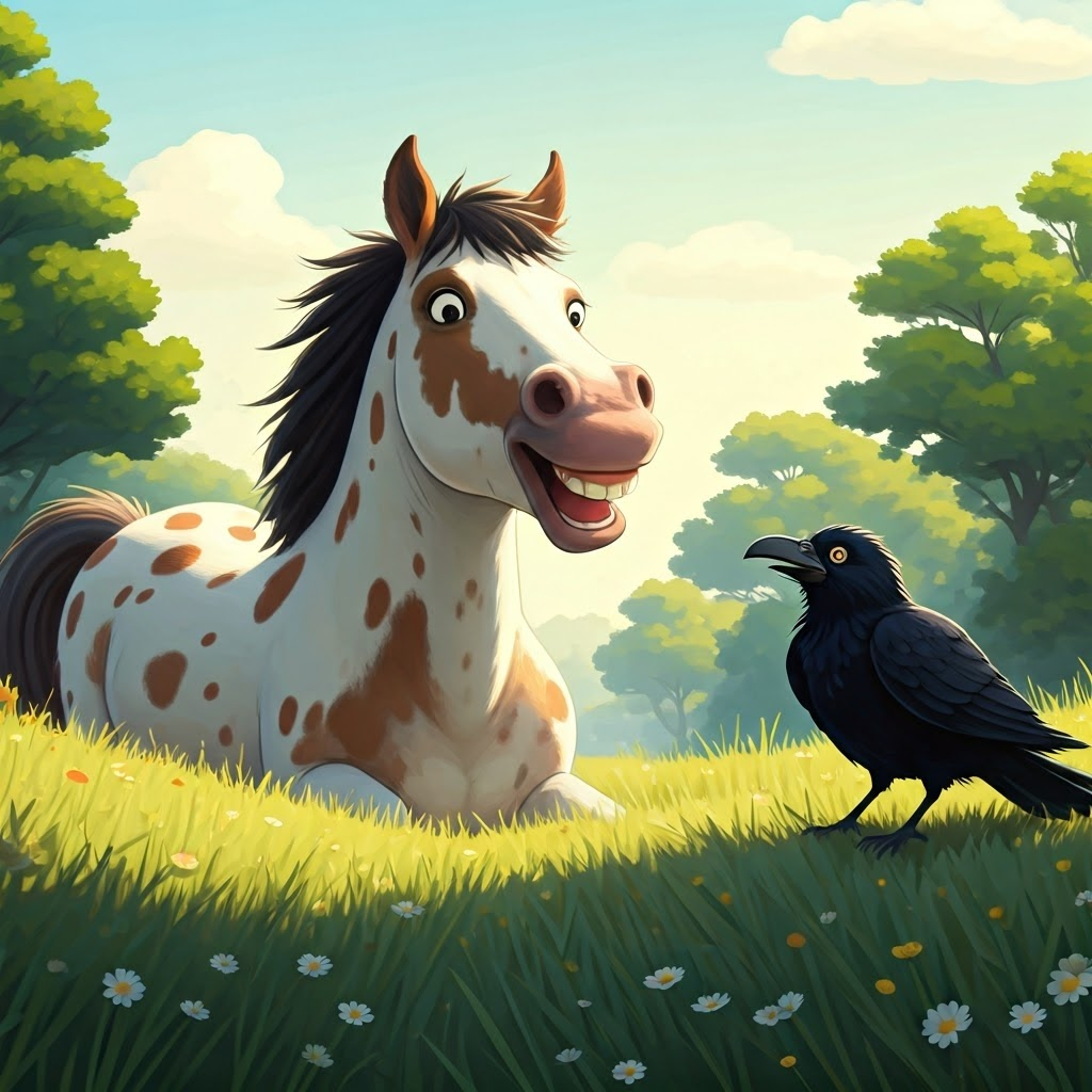 A spotted horse laughing with a crow